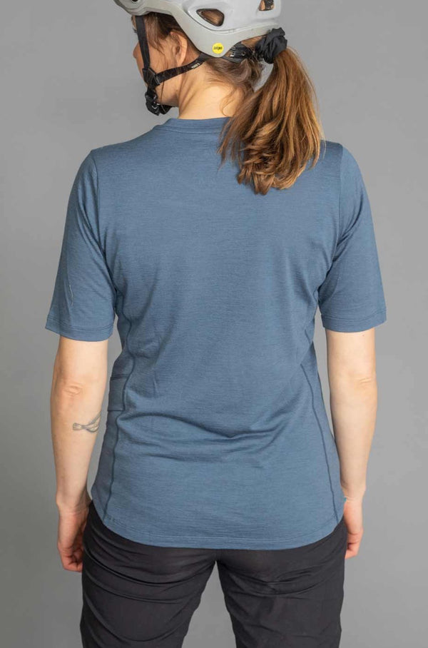 RAKNA MTB T-shirt merino mountainbike trøje blå dame bagfra